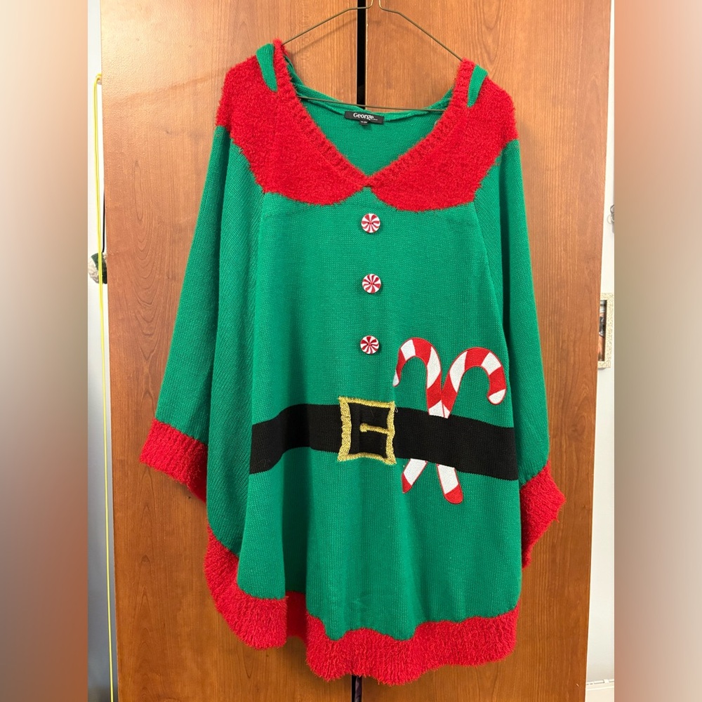 Holiday Elf Poncho Sweater – Festive Green with Candy Cane Accents